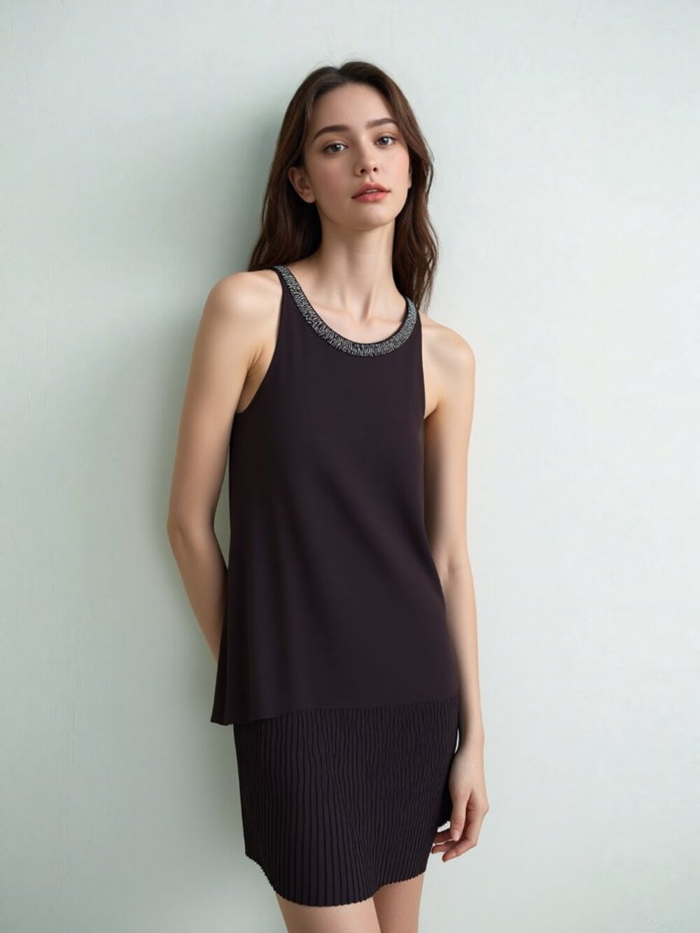 Antropologie Astr the Label Brown Beaded-Neck Pleated Mini Dress